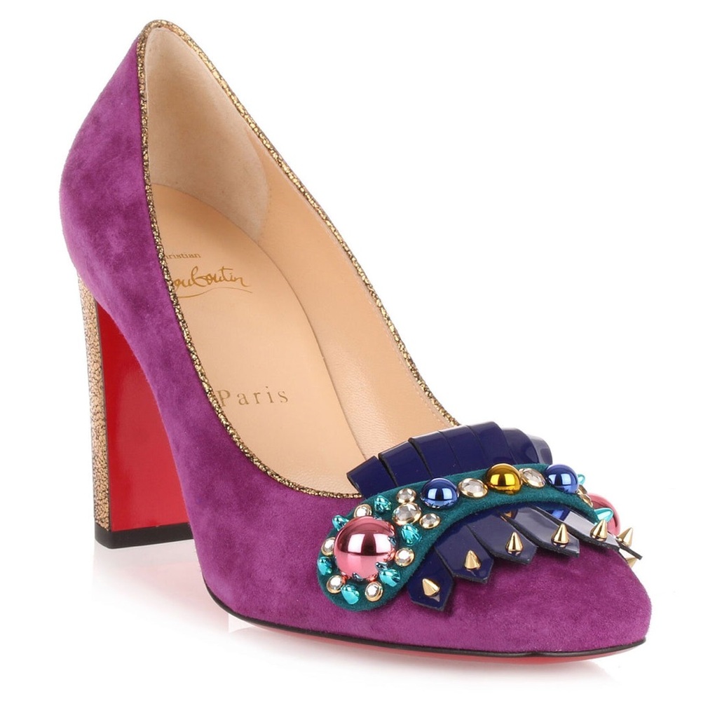 AUTHENTIC Christian Louboutin Oaxacana Jeweled Pumps – Purple Suede | IT 36.5